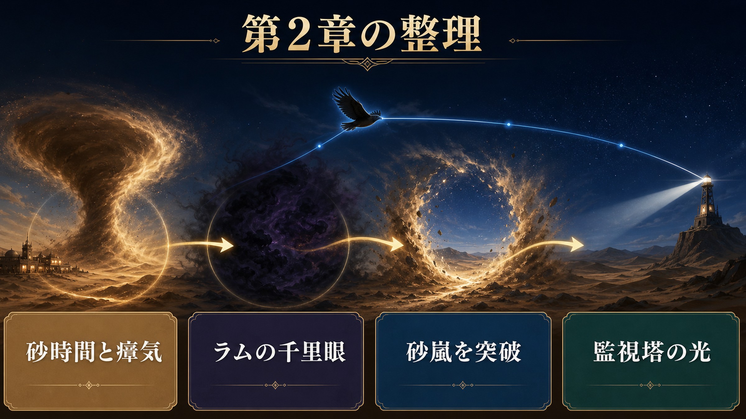 リゼロ小説21巻第2章を砂時間と瘴気、ラムの千里眼、砂嵐の突破、監視塔の光で整理した図解