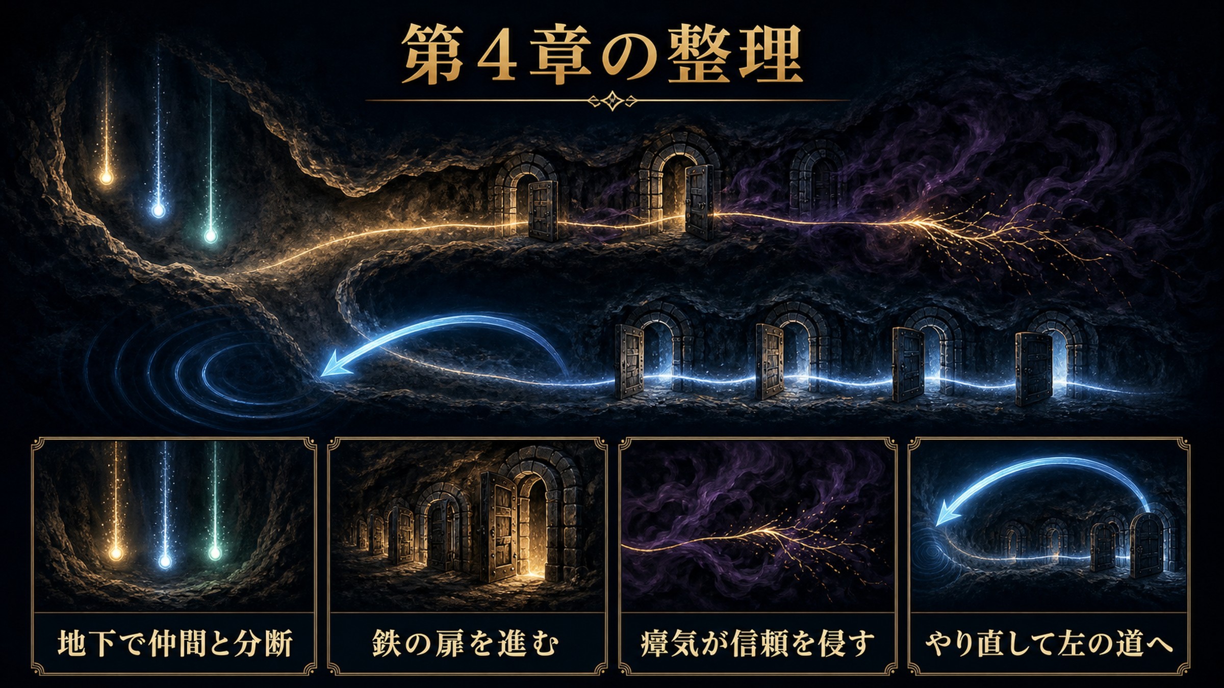 リゼロ小説21巻第4章を地下での分断、鉄の扉、信頼を侵す瘴気、左の道への再選択で整理した図解