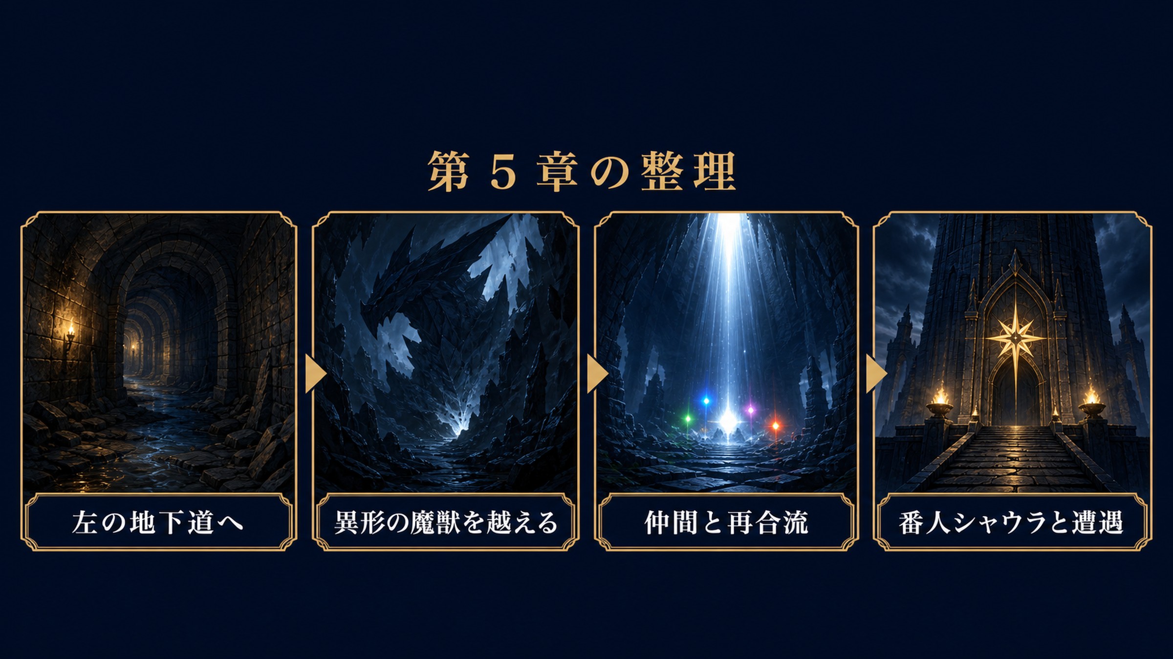 リゼロ小説21巻第5章を左の地下道、異形の魔獣、仲間との再合流、番人シャウラとの遭遇で整理した図解
