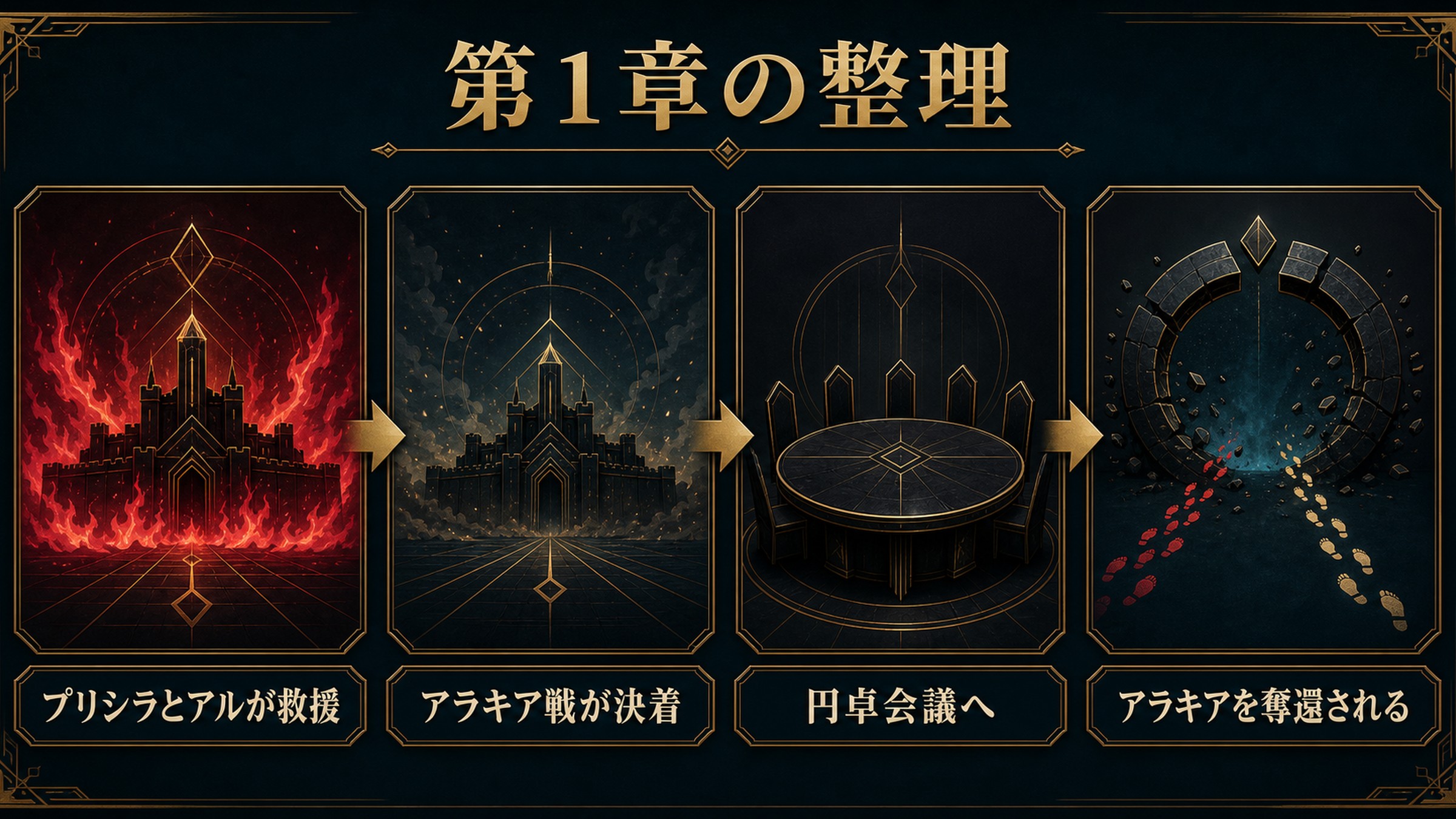 リゼロ小説28巻第1章をプリシラとアルの救援、アラキア戦の決着、円卓会議、アラキアの奪還で整理した図解