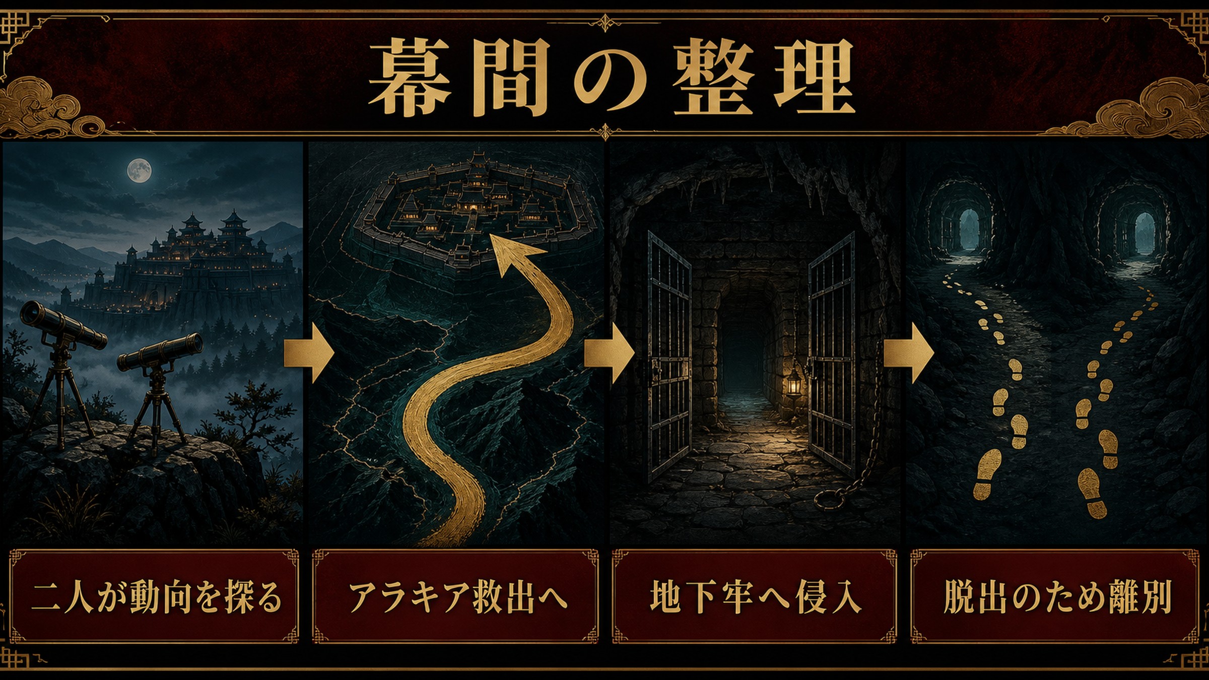 リゼロ小説28巻幕間を二人の情勢探り、アラキア救出への方針転換、地下牢への侵入、脱出のための離別で整理した図解