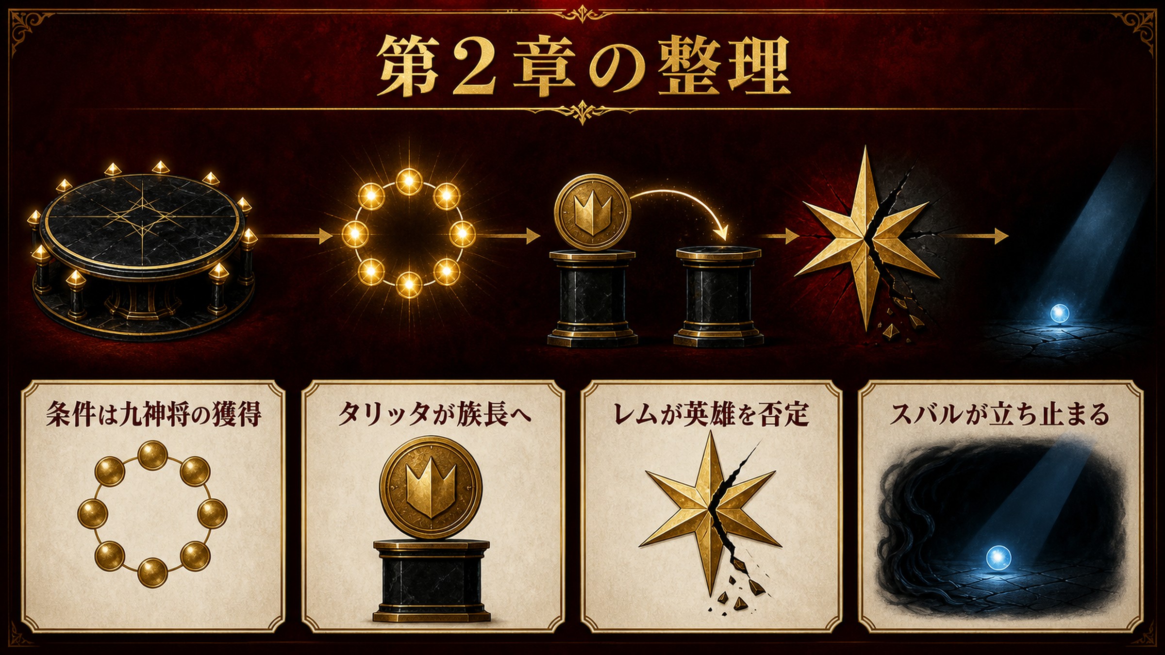 リゼロ小説28巻第2章を九神将獲得の条件、タリッタの族長継承、レムによる英雄の否定、スバルの動揺で整理した図解