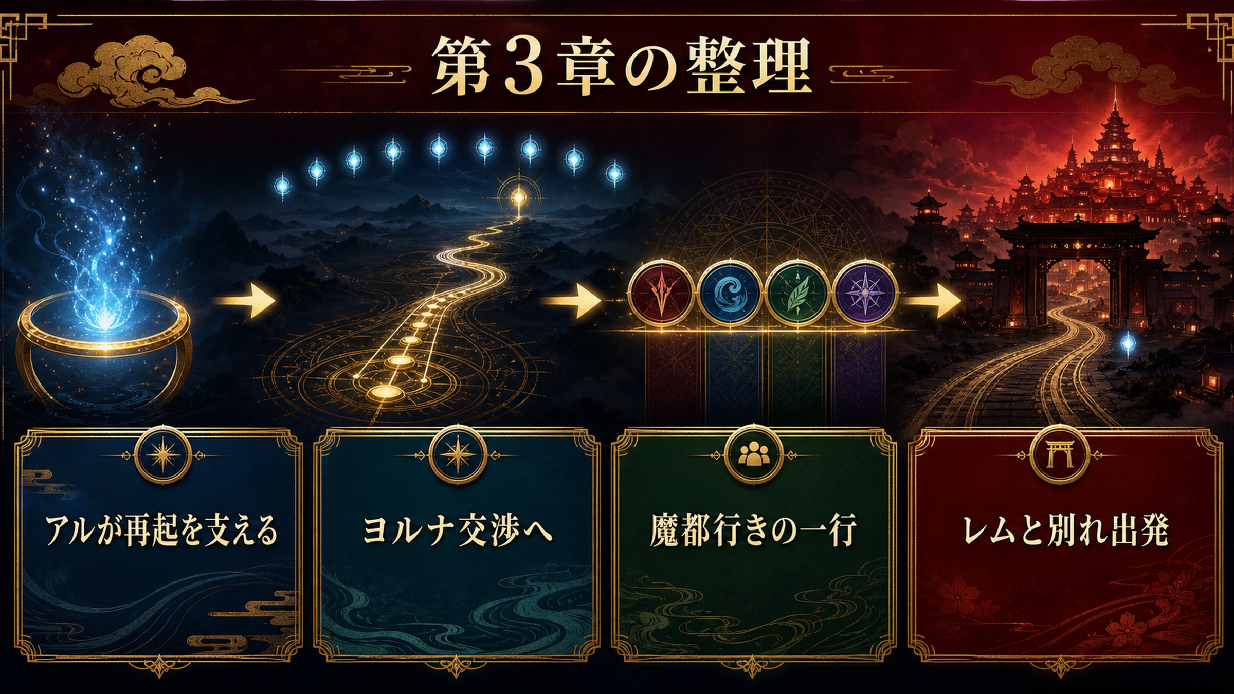 リゼロ小説28巻第3章をアルによる再起の支え、ヨルナとの交渉、魔都行きの一行、レムと別れての出発で整理した図解