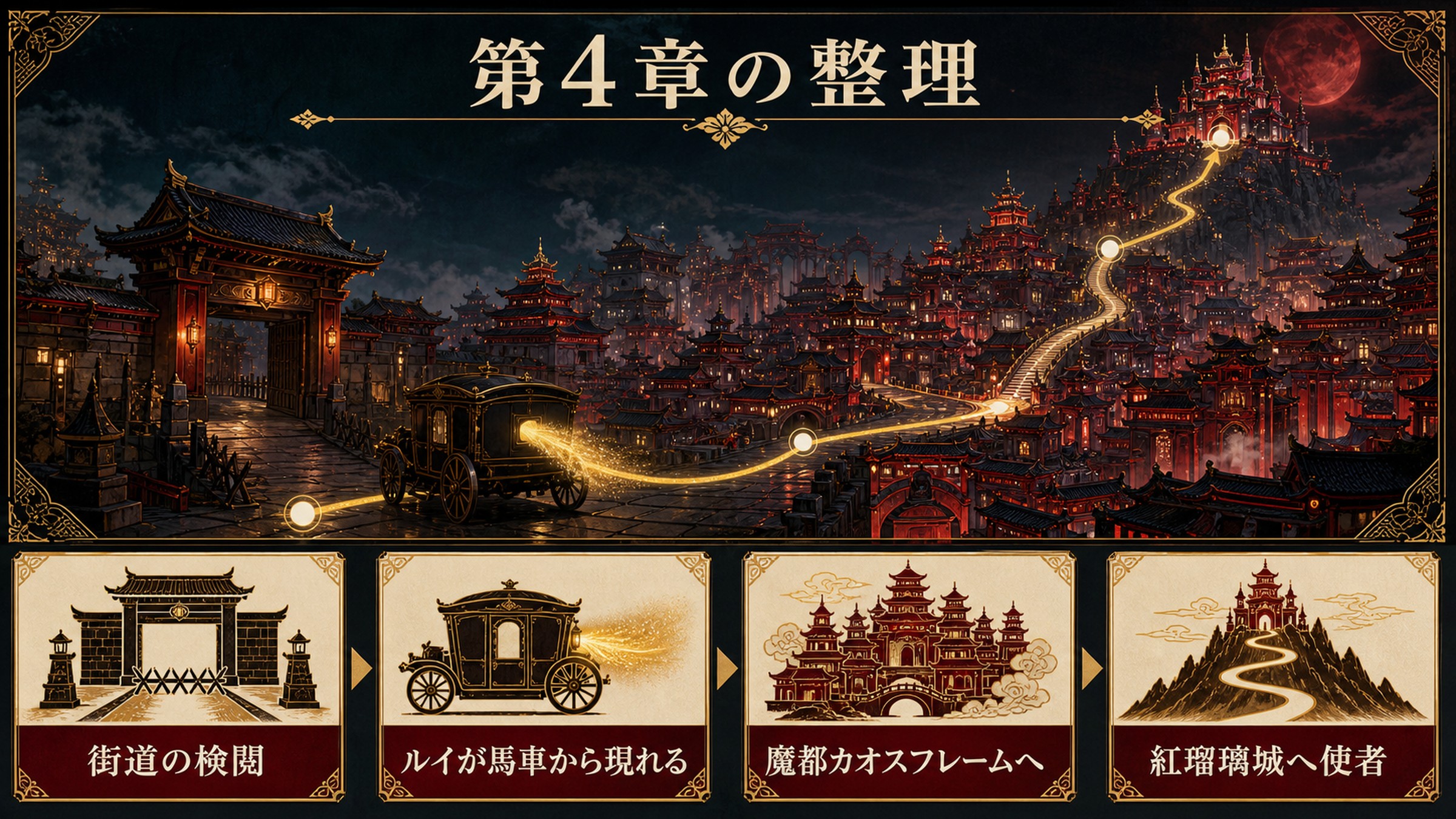 リゼロ小説28巻第4章を街道の検閲、馬車から現れるルイ、魔都カオスフレームへの到着、紅瑠璃城への使者で整理した図解