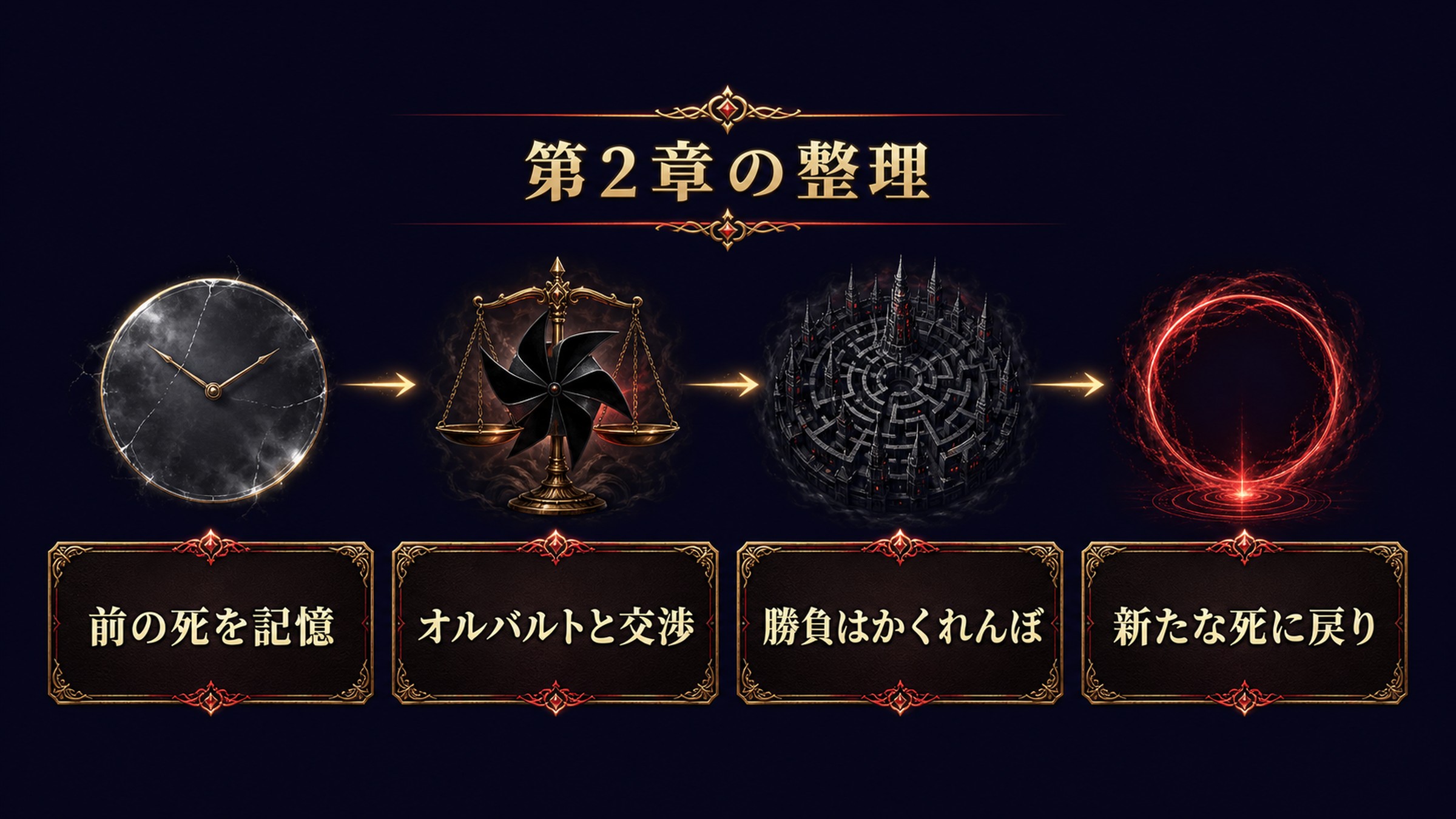 リゼロ小説29巻第2章を前の死の記憶、オルバルトとの交渉、都市全域のかくれんぼ、新たな死に戻りで整理した図解