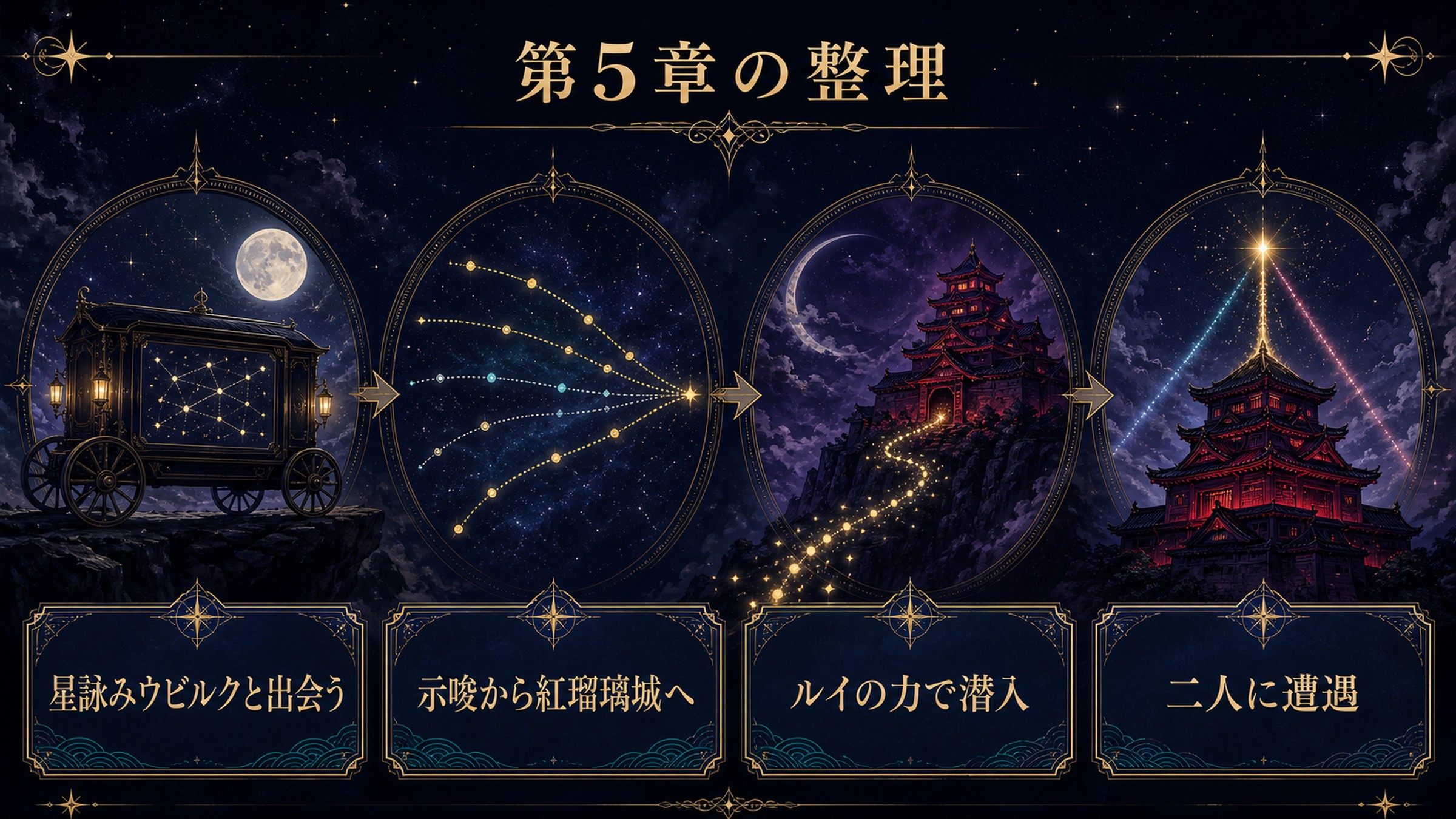 リゼロ小説29巻第5章を星詠みウビルクとの出会い、紅瑠璃城への示唆、ルイの力による潜入、二人との遭遇で整理した図解