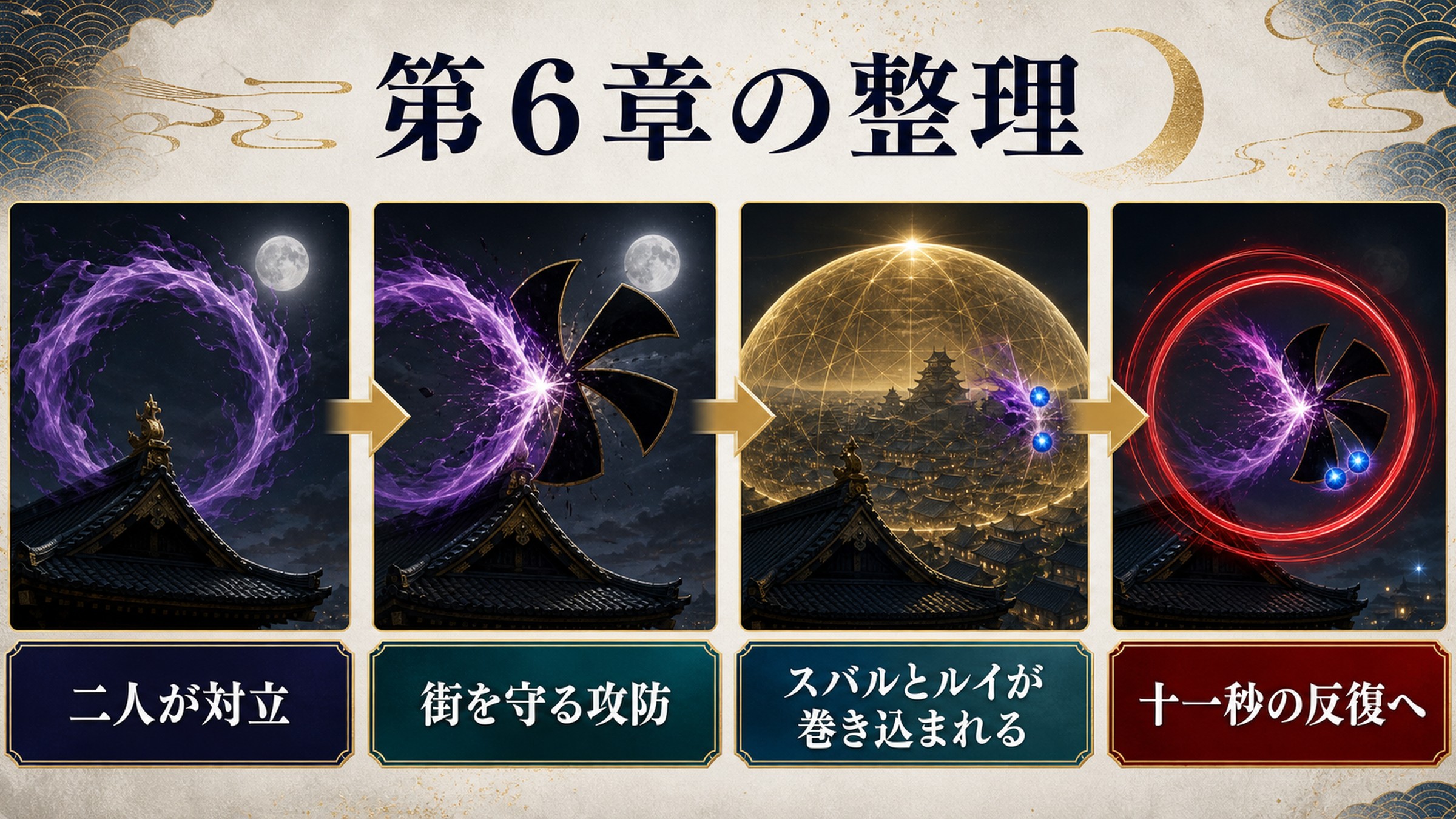 リゼロ小説29巻第6章を二人の対立、街を守る攻防、スバルとルイの巻き込まれ、十一秒の反復で整理した図解