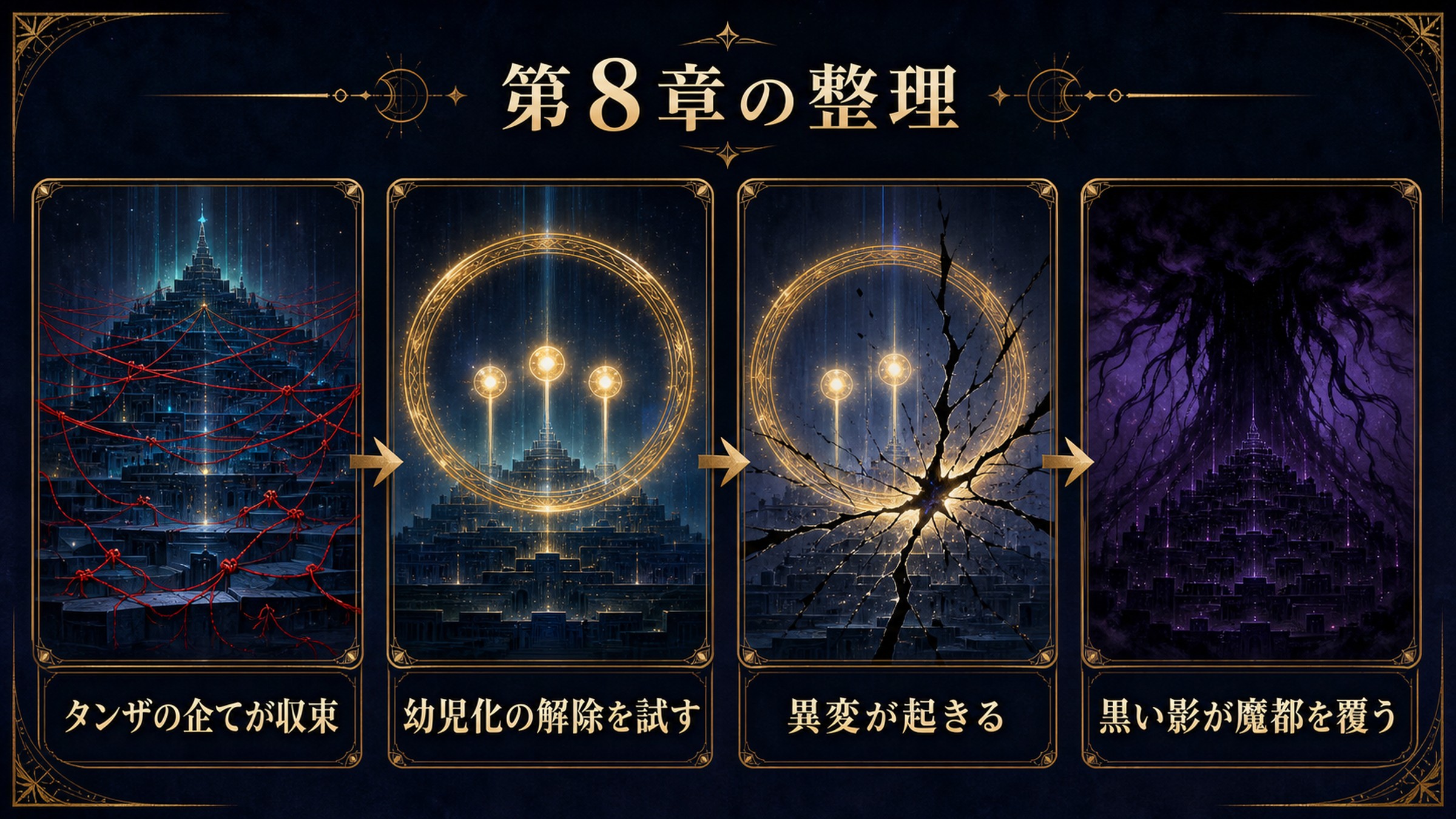 リゼロ小説29巻第8章をタンザの企ての収束、幼児化解除の試み、突然の異変、魔都を覆う黒い影で整理した図解