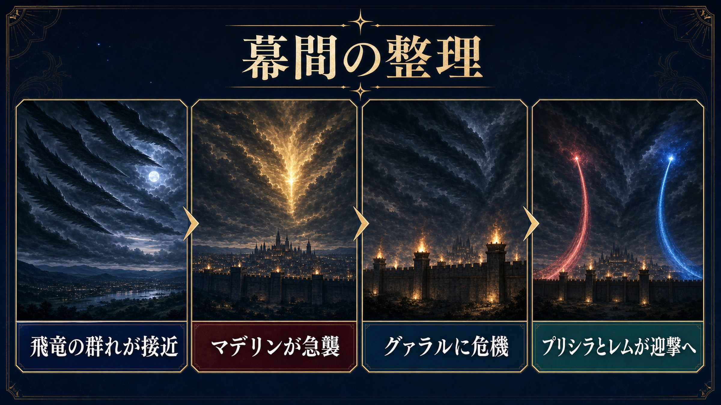 リゼロ小説29巻幕間を飛竜の群れの接近、マデリンの急襲、グァラルの危機、プリシラとレムの迎撃準備で整理した図解