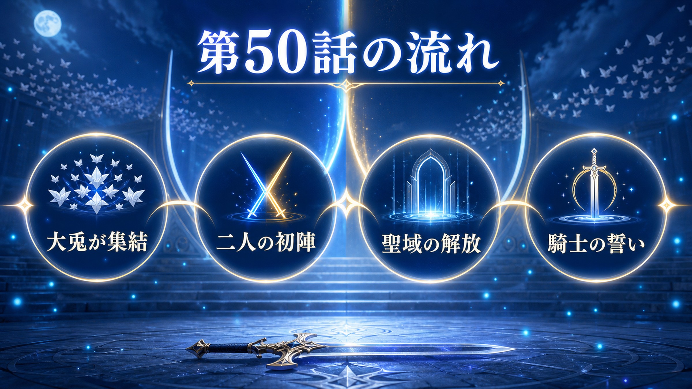 リゼロアニメ第50話の流れを大兎の集結、二人の初陣、聖域の解放、騎士の誓いで整理した図解