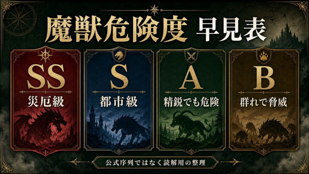 リゼロ魔獣の危険度早見表をSS災厄級、S都市級、A精鋭でも危険、B群れで脅威で整理した図解
