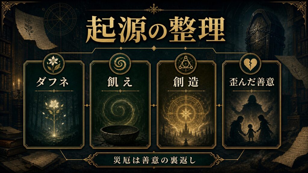 魔獣の起源をダフネ、飢え、創造、歪んだ善意で整理した図解
