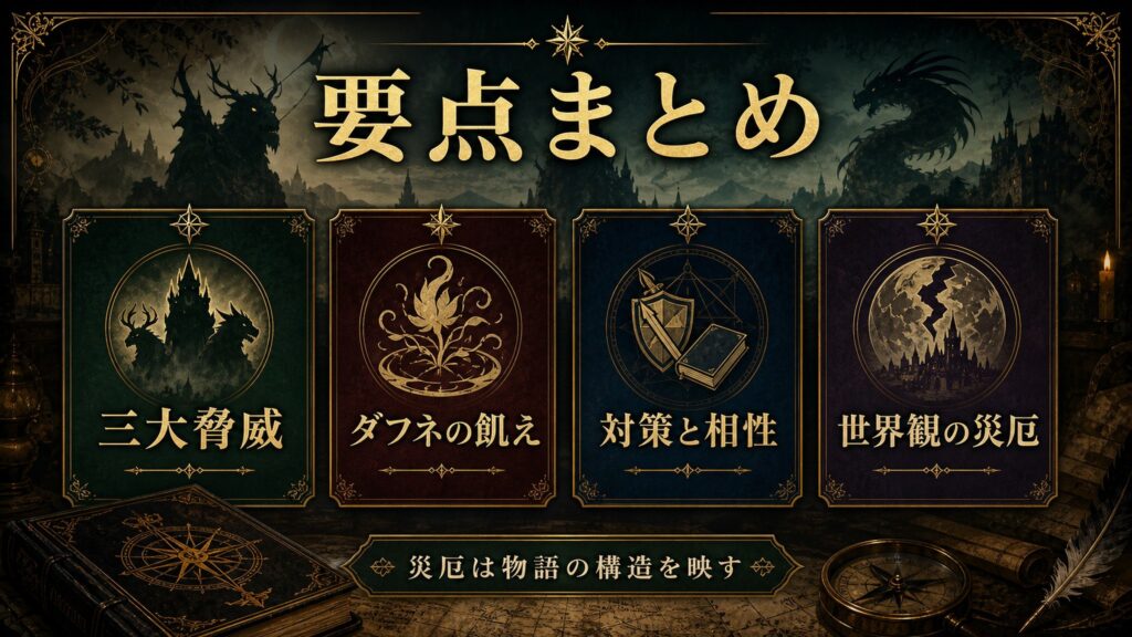 魔獣ランキングの要点を三大脅威、ダフネの飢え、対策と相性、世界観の災厄で整理した図解