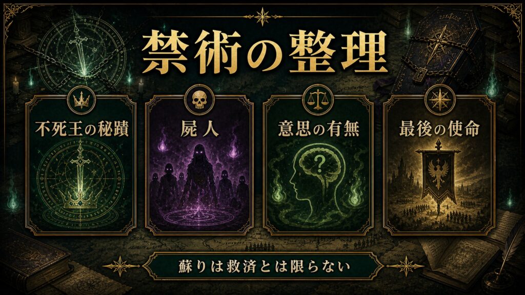 不死王の秘蹟を禁術、屍人、意思の有無、最後の使命で整理した図解