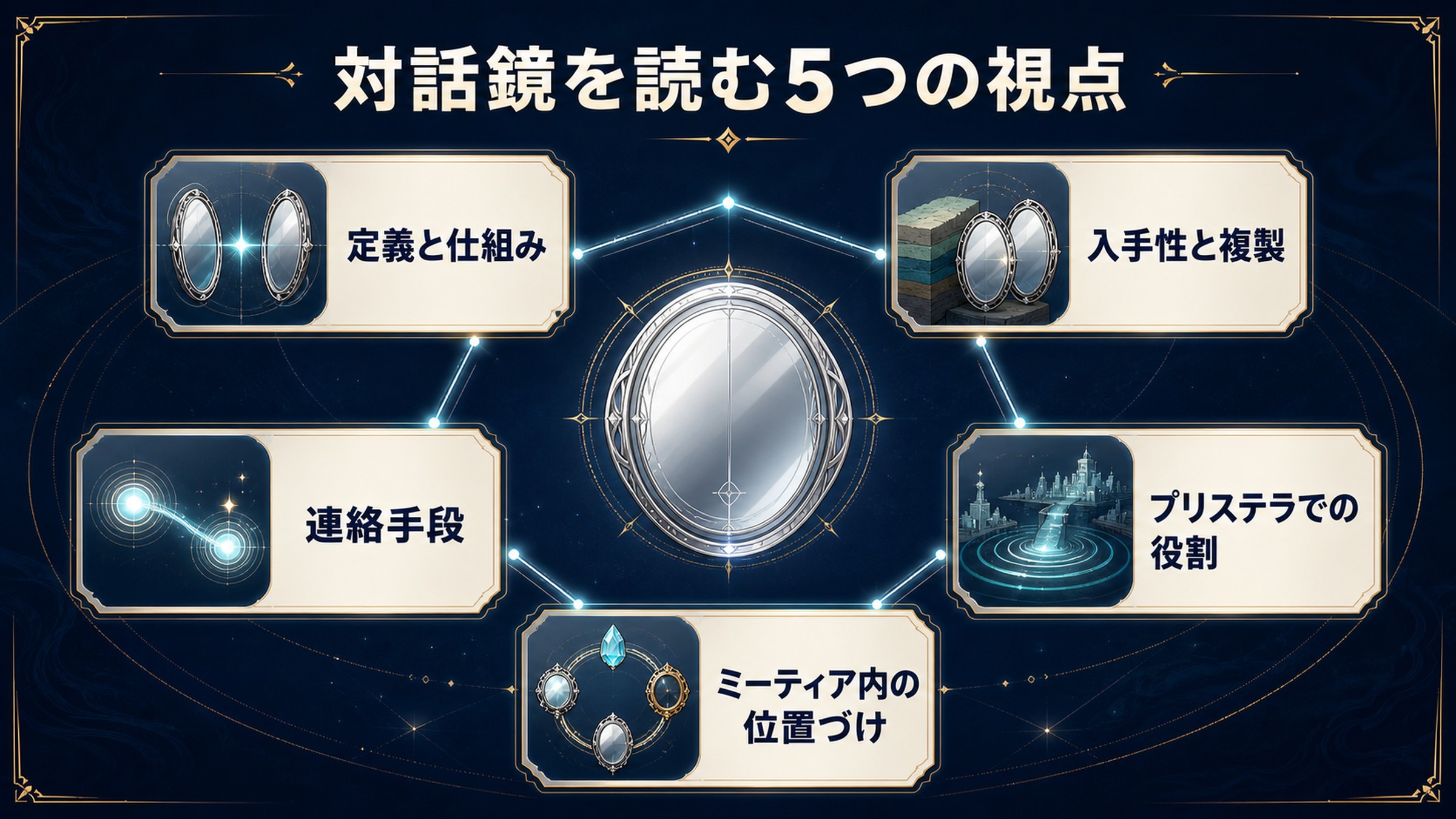 対話鏡の記事を定義、入手性、連絡手段、プリステラ、ミーティアの位置づけの5視点で整理した図解