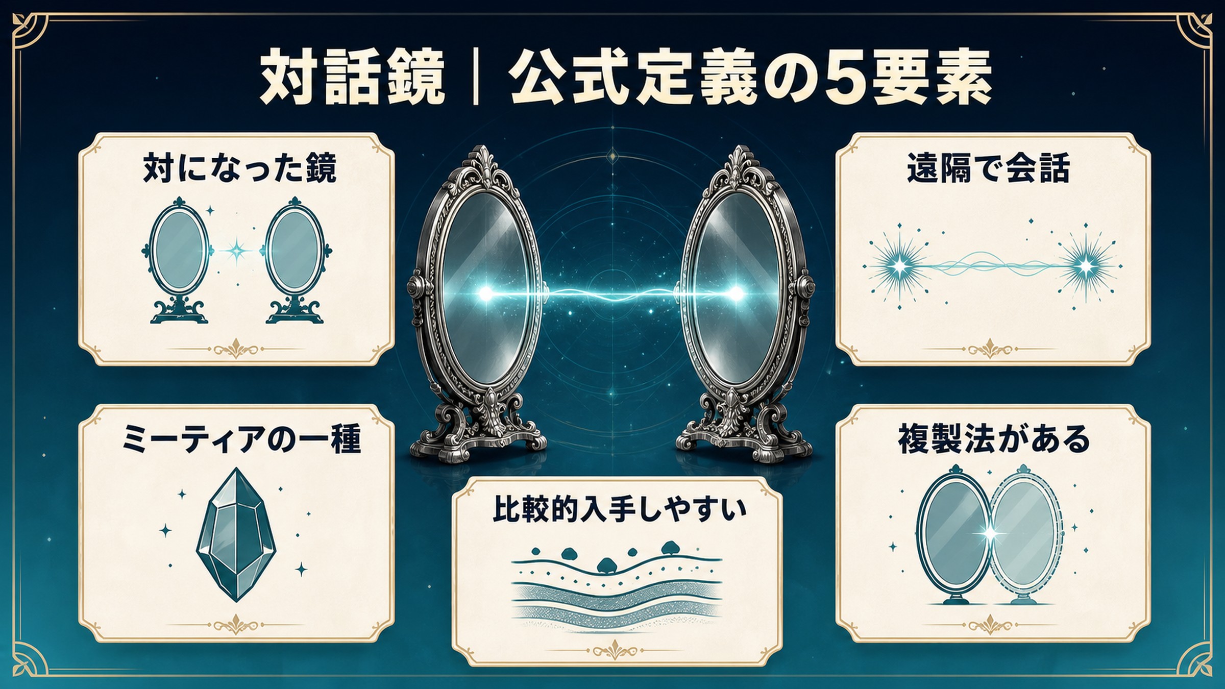 対話鏡の公式定義を対の鏡、遠隔会話、ミーティア、入手性、複製法の5要素で整理した図解