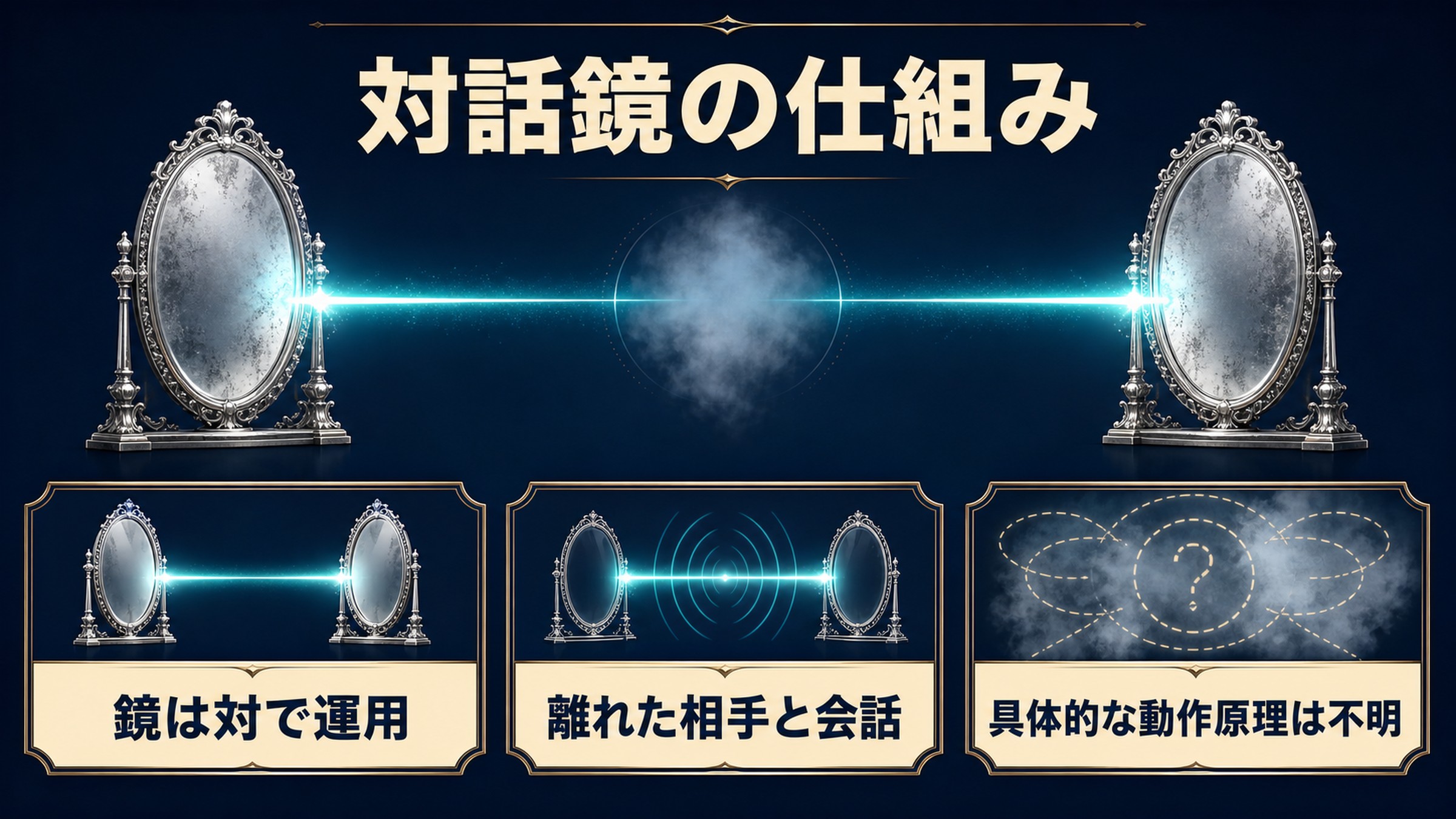 対話鏡が対で運用され遠隔会話できる一方で具体的な動作原理は不明と示す図解