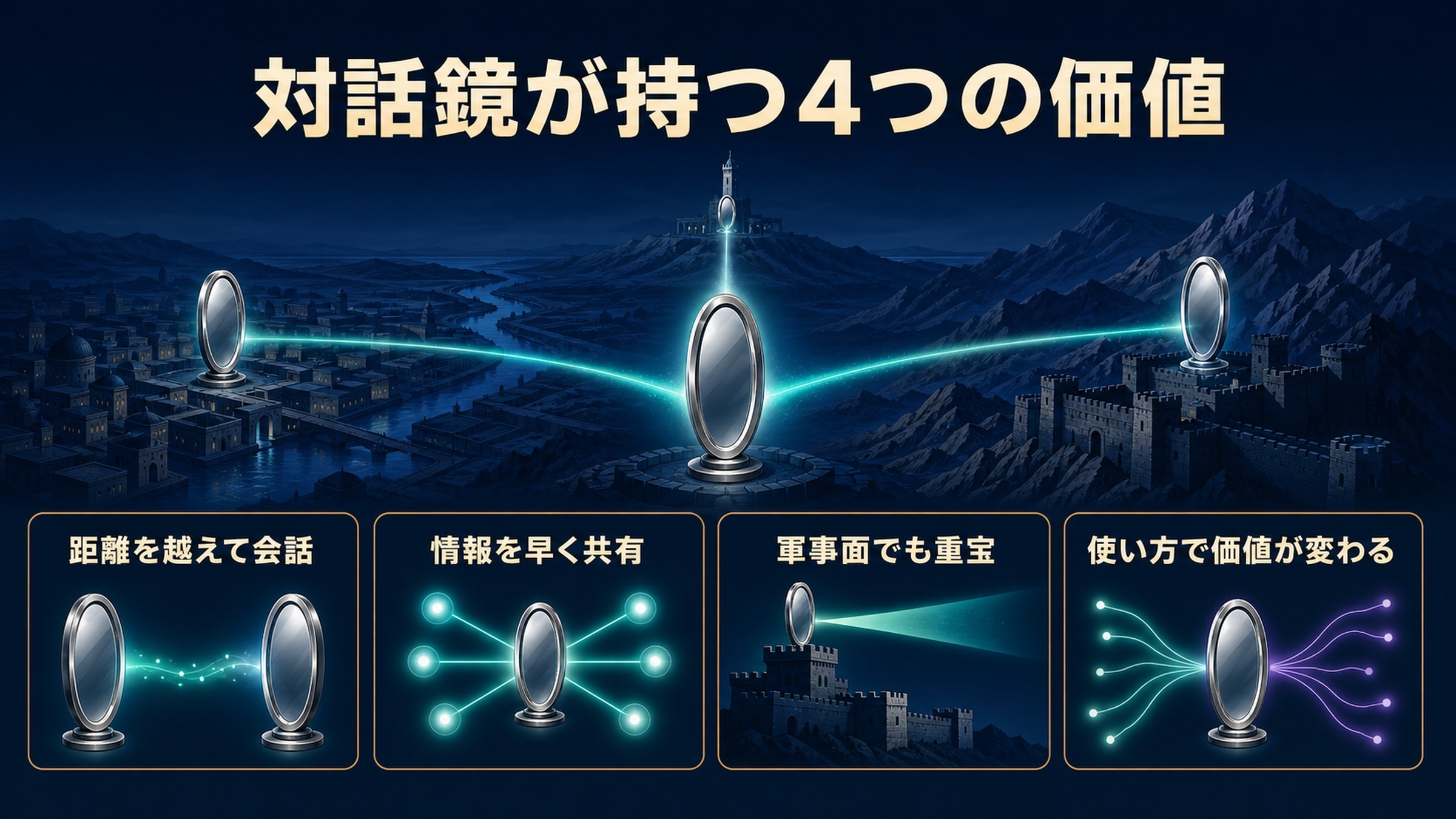 対話鏡が距離を越えた会話、情報共有、軍事面の連絡に役立つことを整理した図解