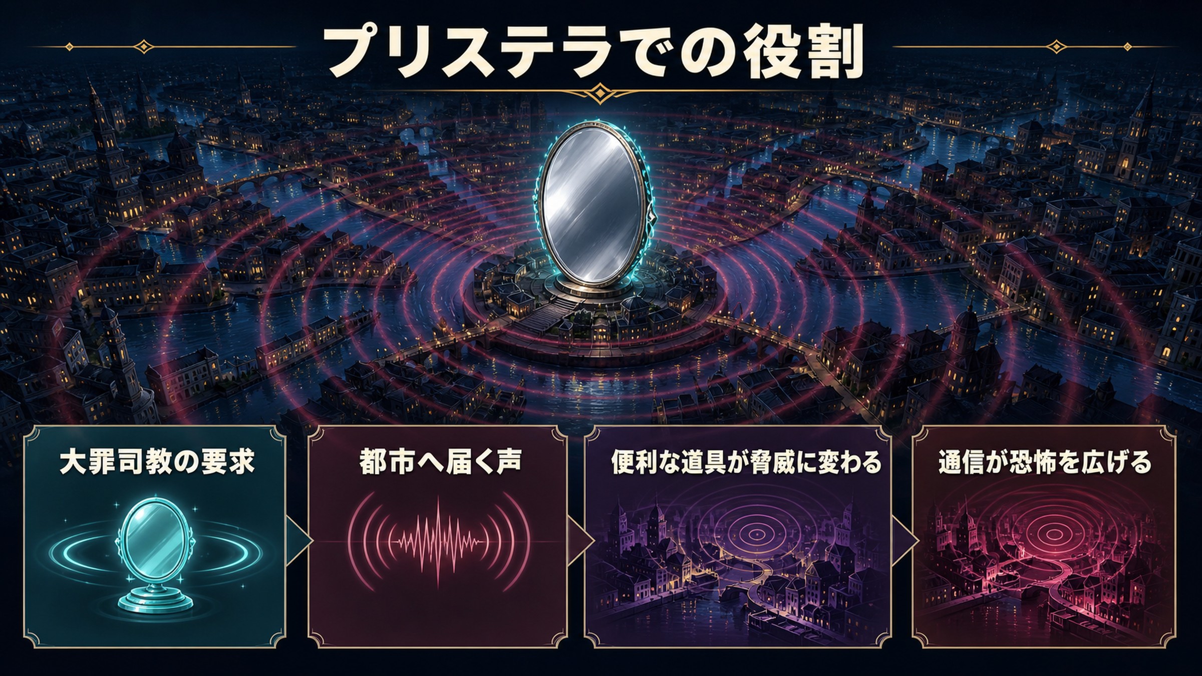 プリステラで対話鏡が大罪司教の要求と恐怖を都市へ広げる役割を整理した図解