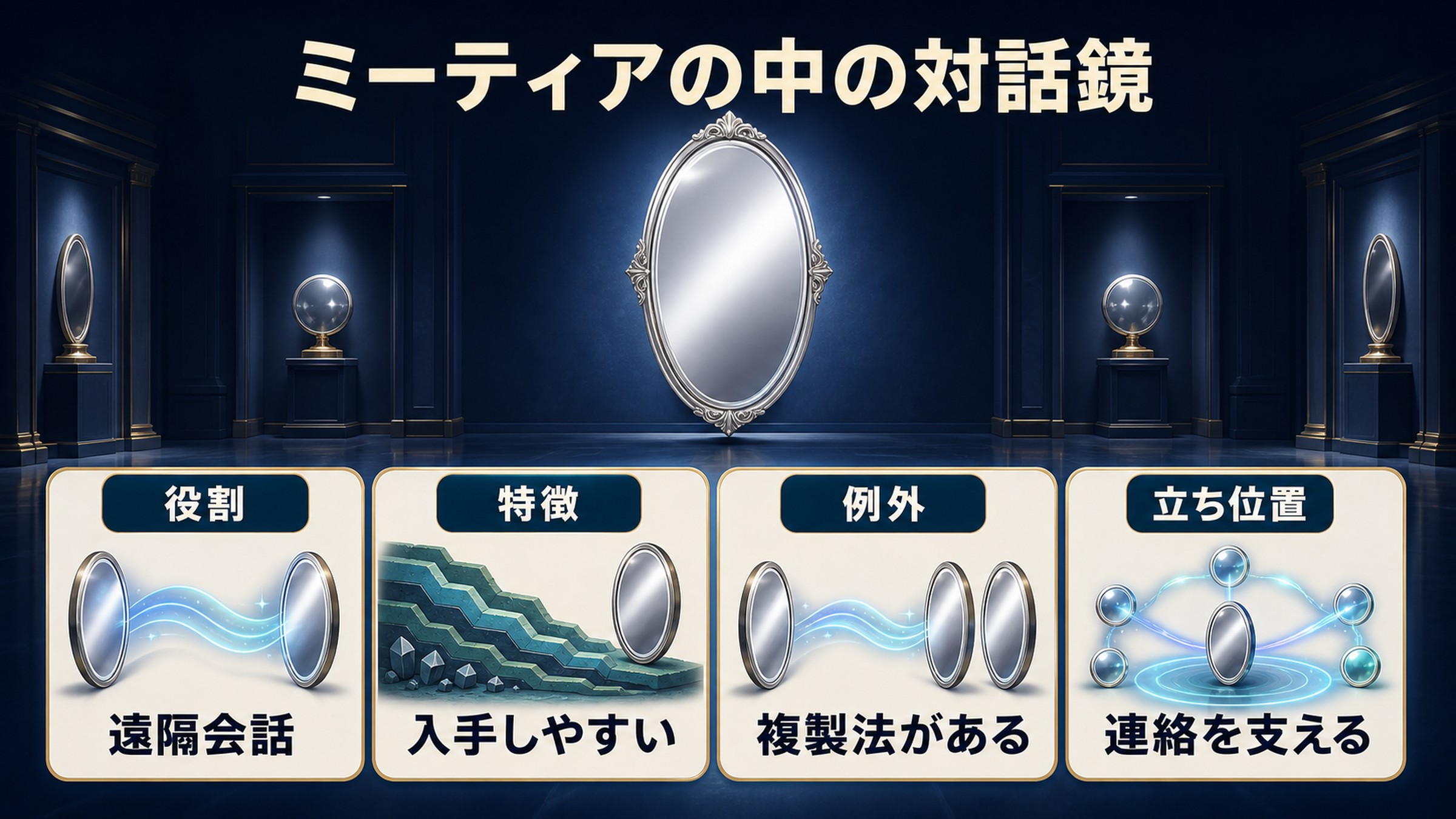 ミーティアの中での対話鏡を遠隔会話、入手性、複製法、連絡の4項目で位置づけた図解