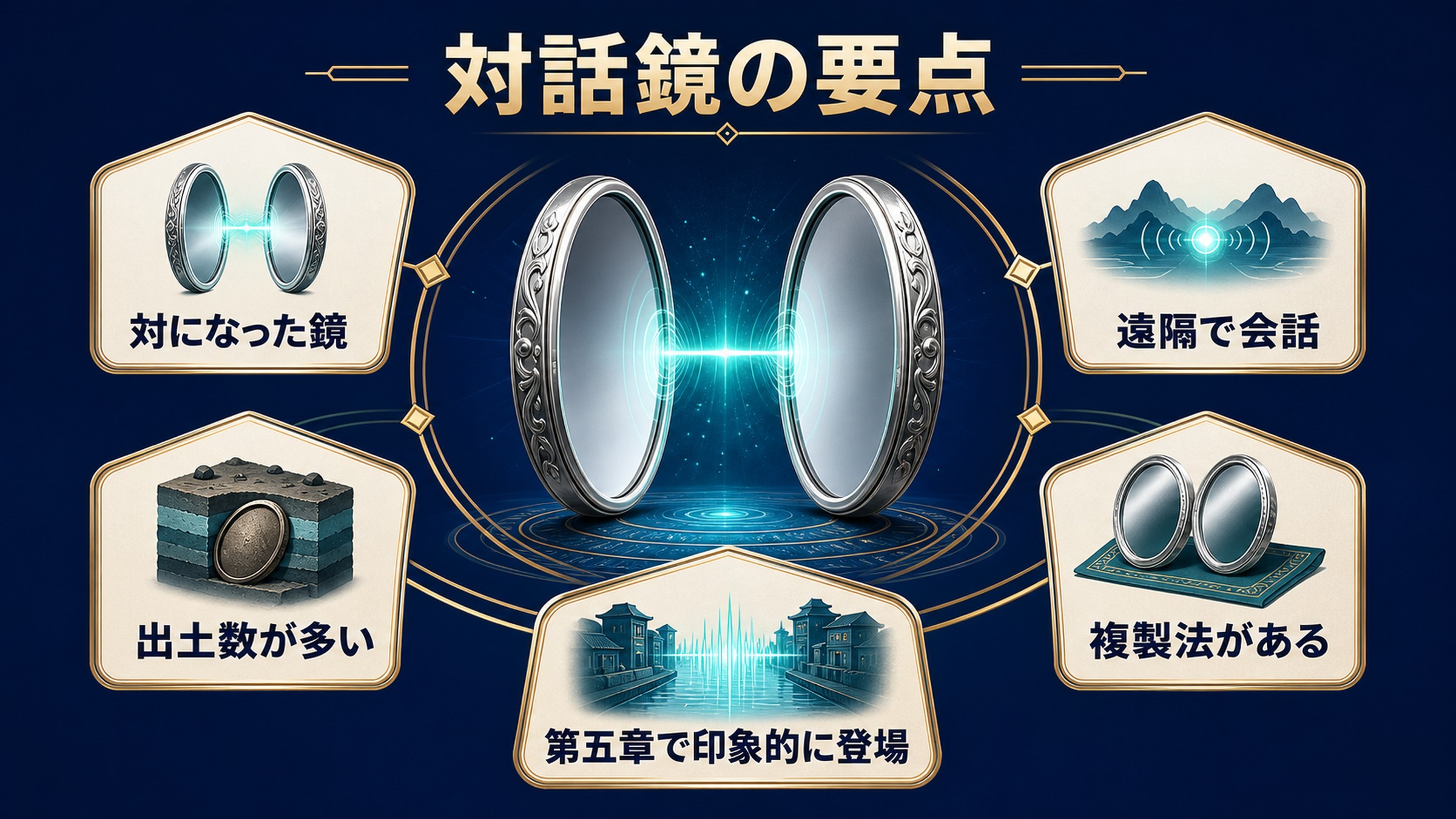 対話鏡の要点を対の鏡、遠隔会話、出土数、複製法、第五章での登場でまとめた図解