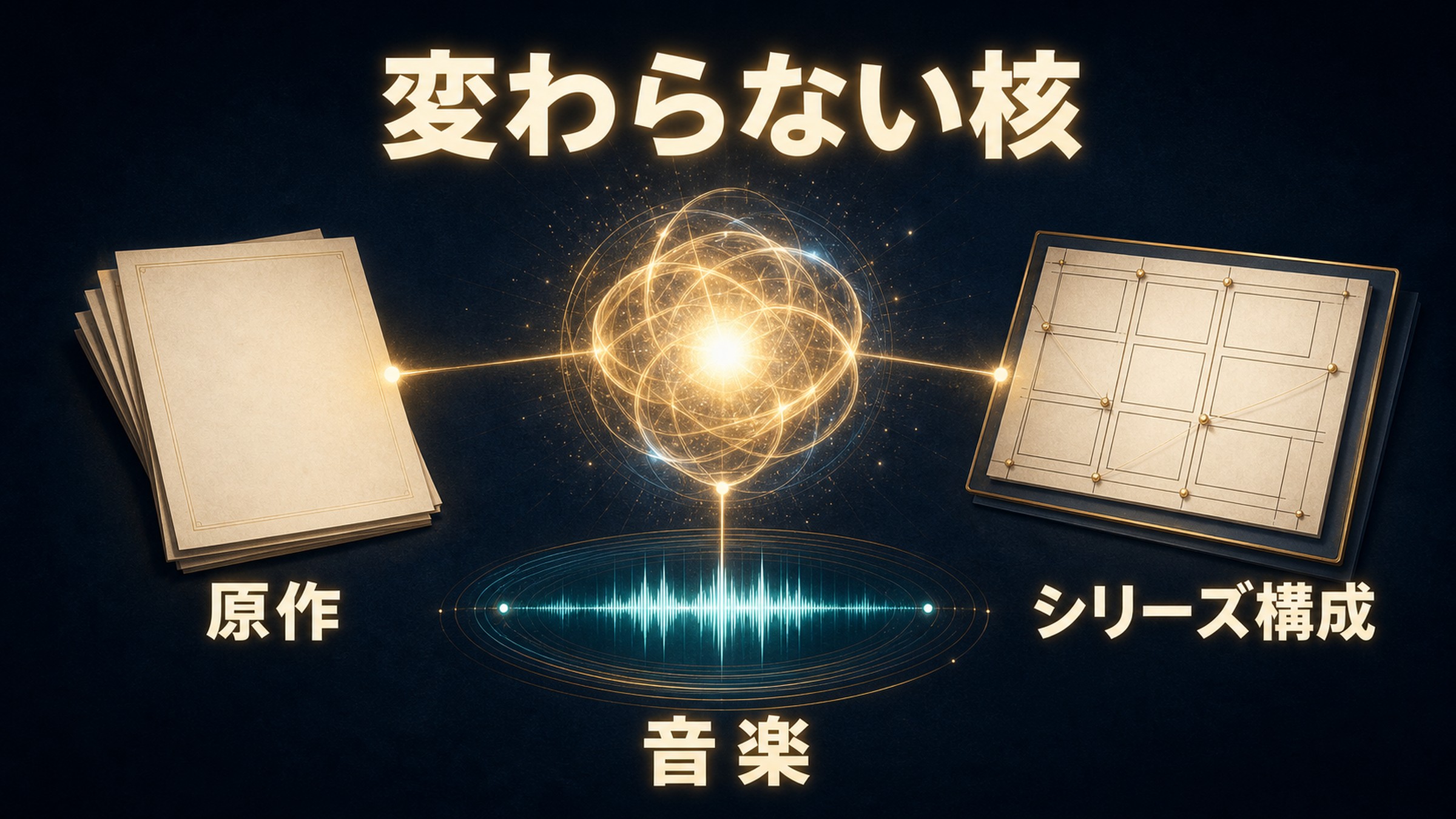 リゼロを支える変わらない核 リゼロの変わらない核を原作、シリーズ構成、音楽の3要素で整理した図解