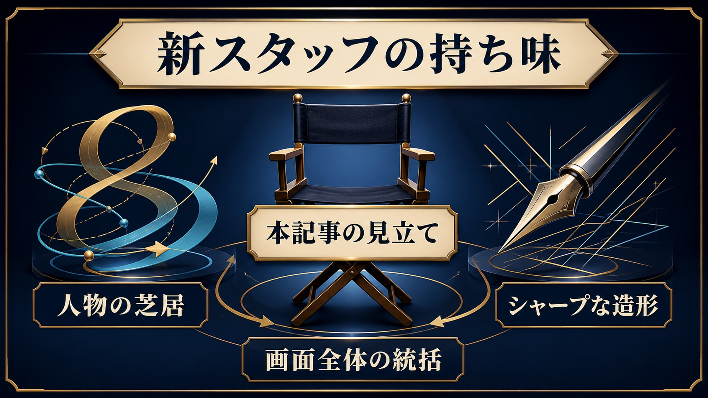 新スタッフの持ち味を読み解く リゼロ3期以降の新スタッフの持ち味を人物の芝居、シャープな造形、画面統括という本記事の見立てで示す図解