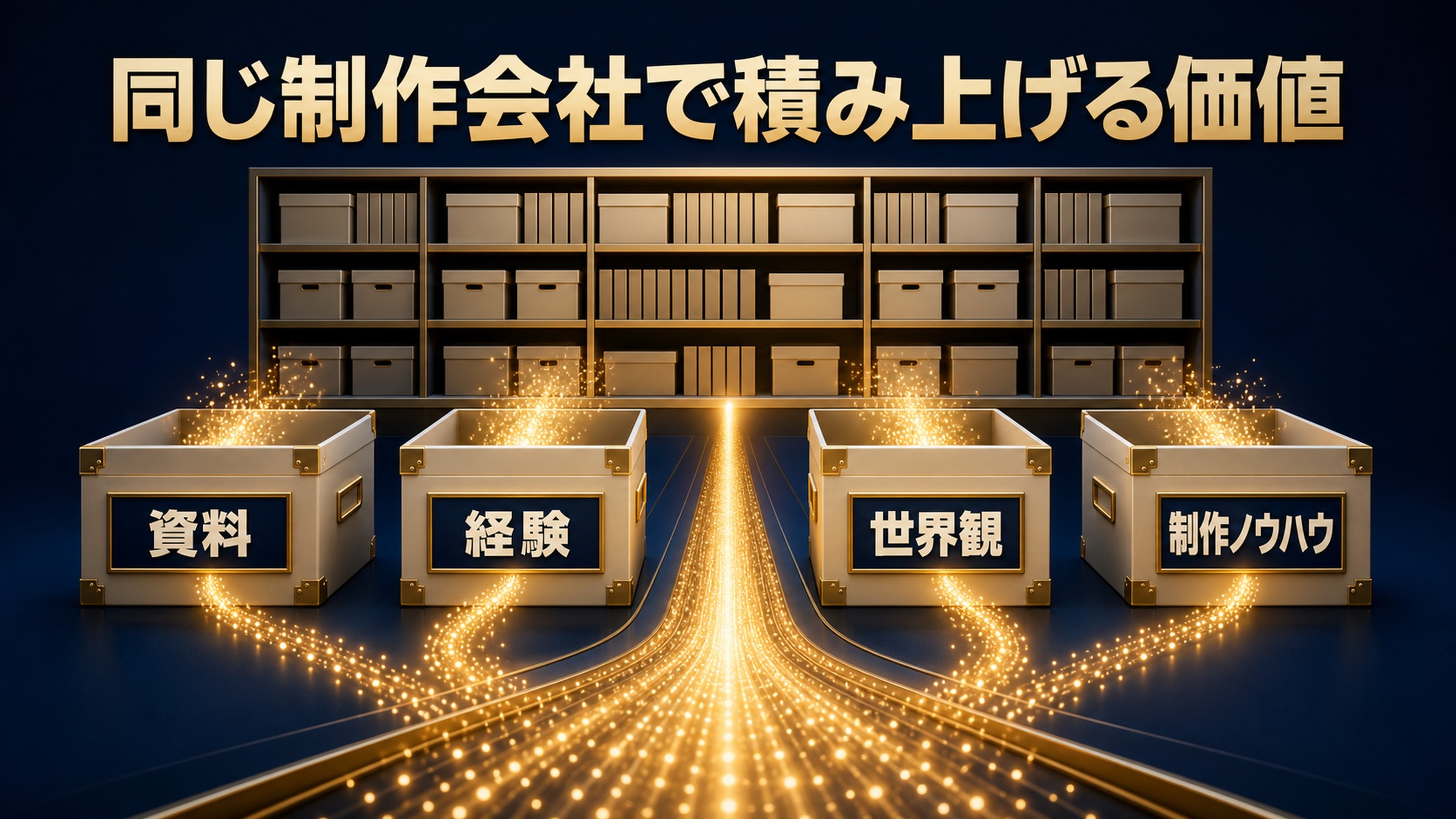 同じ制作会社で積み上げる価値 同じ制作会社に資料、経験、世界観、制作ノウハウが蓄積する価値を示す図解