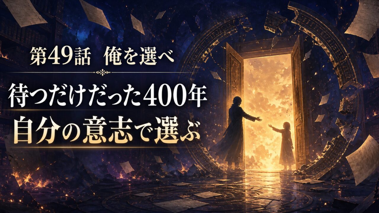 燃える書庫の扉で差し出された二つの手と第49話俺を選べのテーマを描いたアイキャッチ