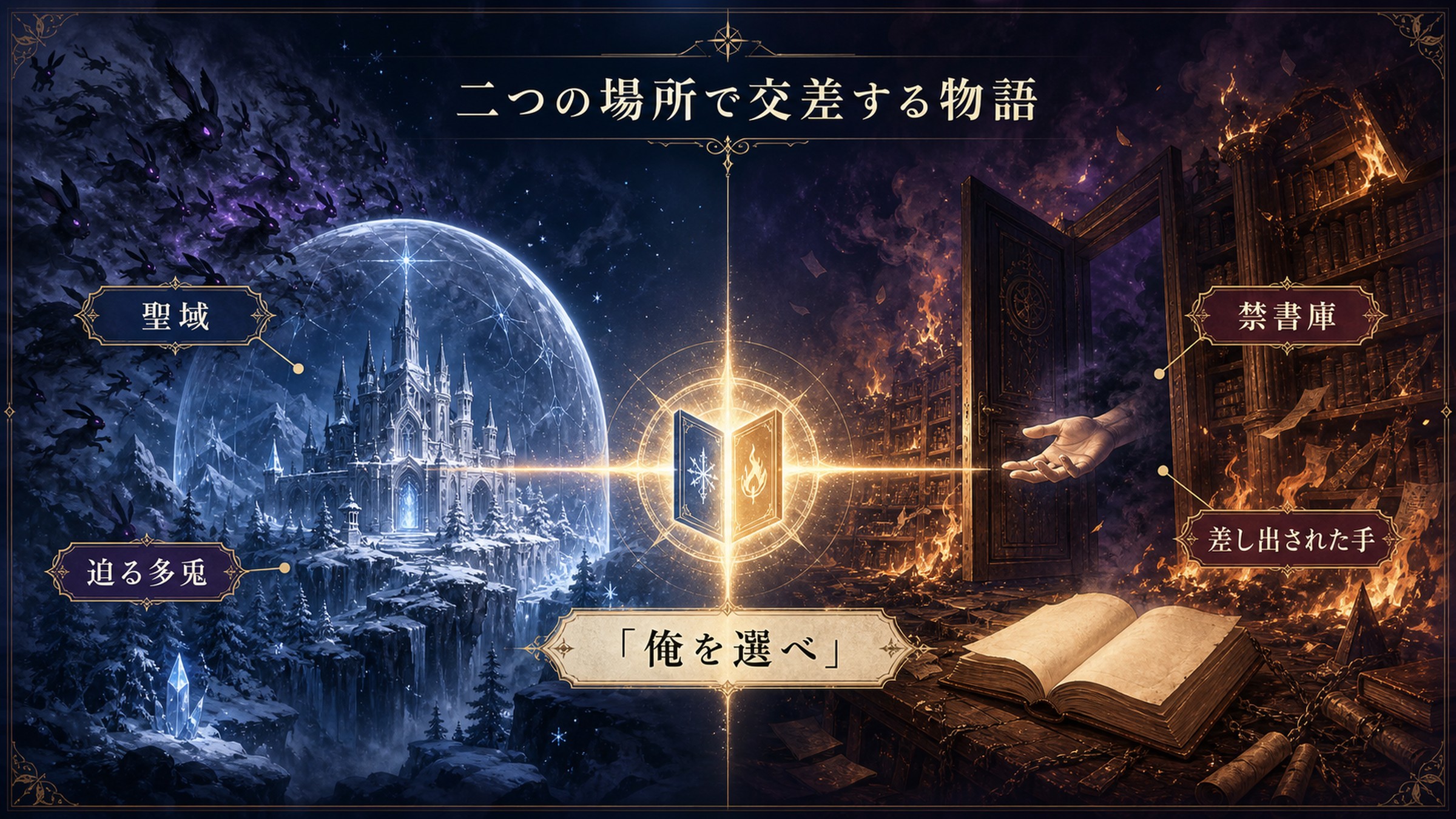 聖域に迫る多兎と燃える禁書庫の二つの物語が俺を選べへ交差する流れを示す図解