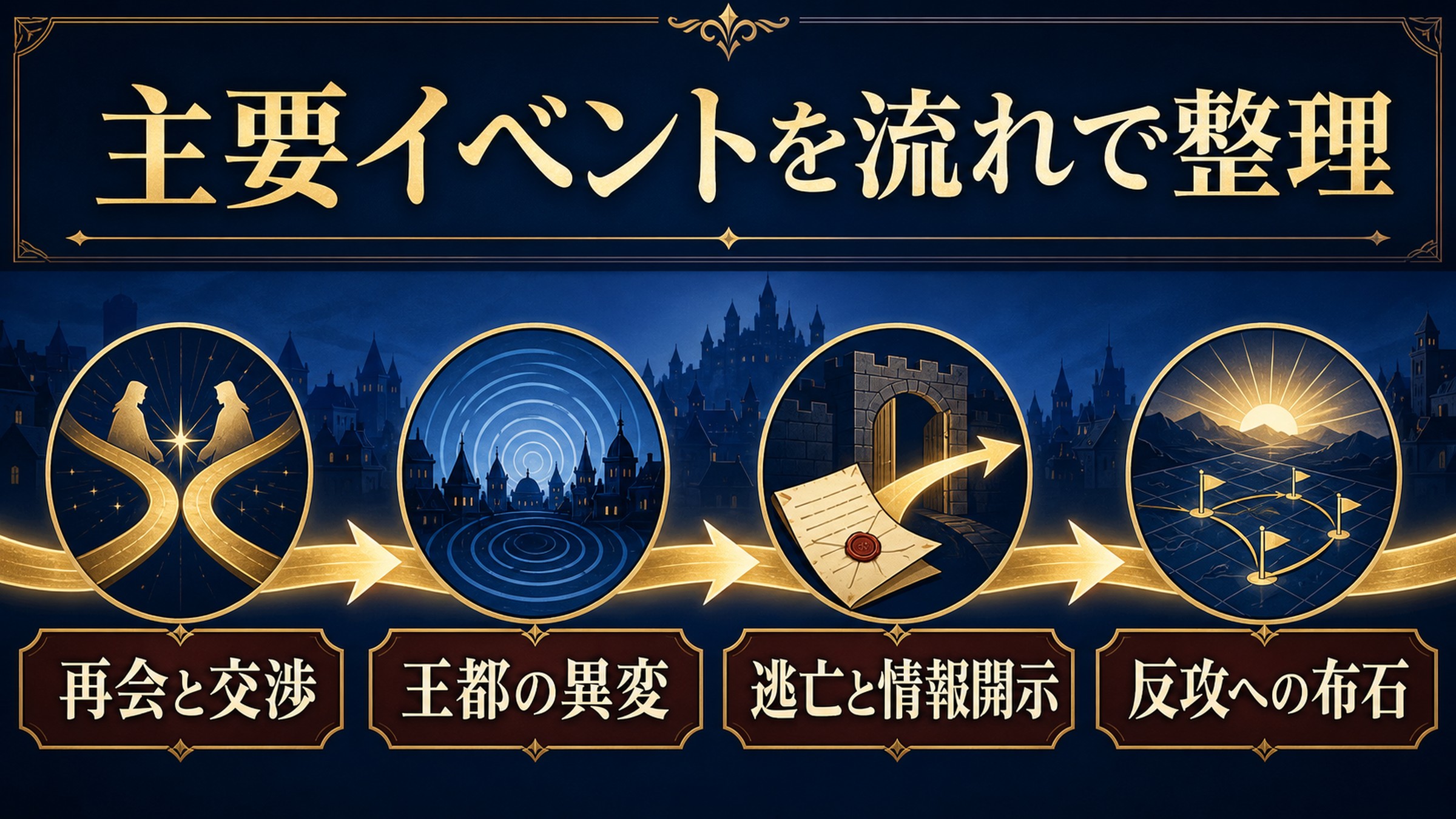 第10章の主要イベントを再会と交渉から反攻への布石まで四段階で示す図解