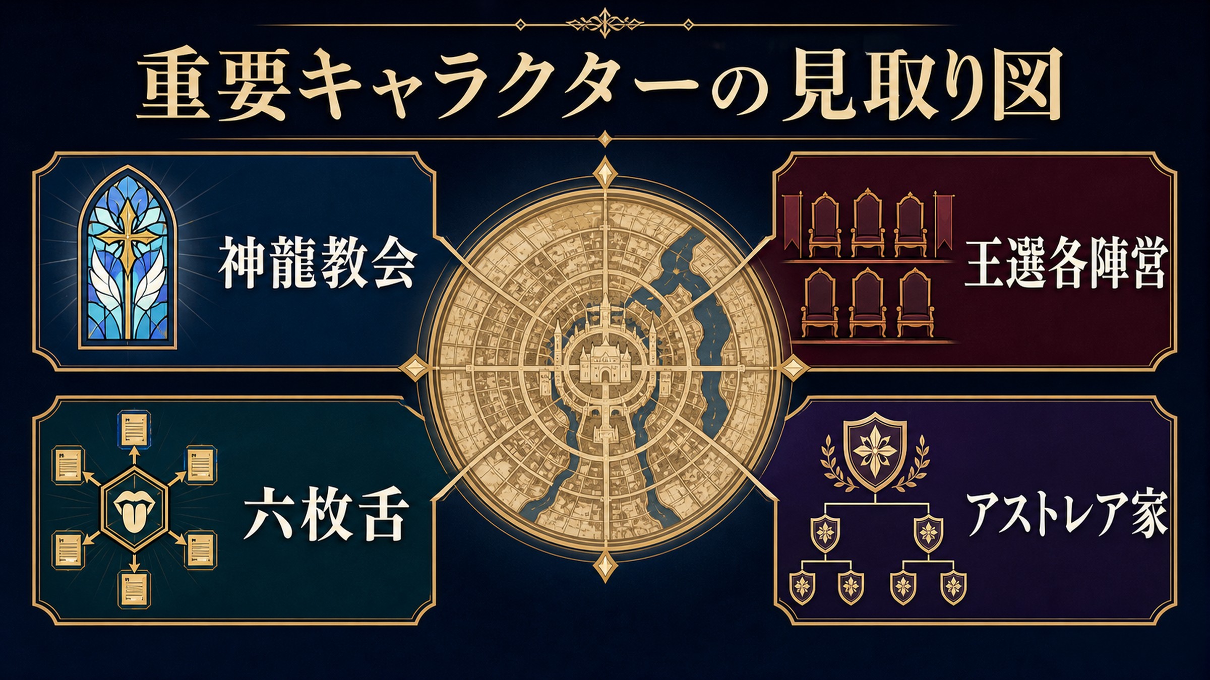 第10章の重要人物を神龍教会、王選各陣営、六枚舌、アストレア家で整理した図解