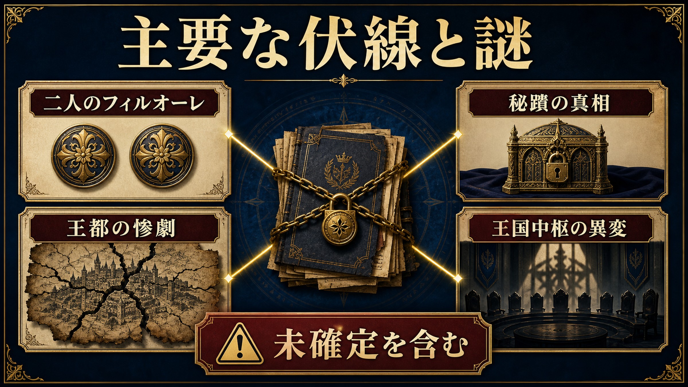 第10章の主要な伏線と謎を未確定情報を含むものとして整理した図解