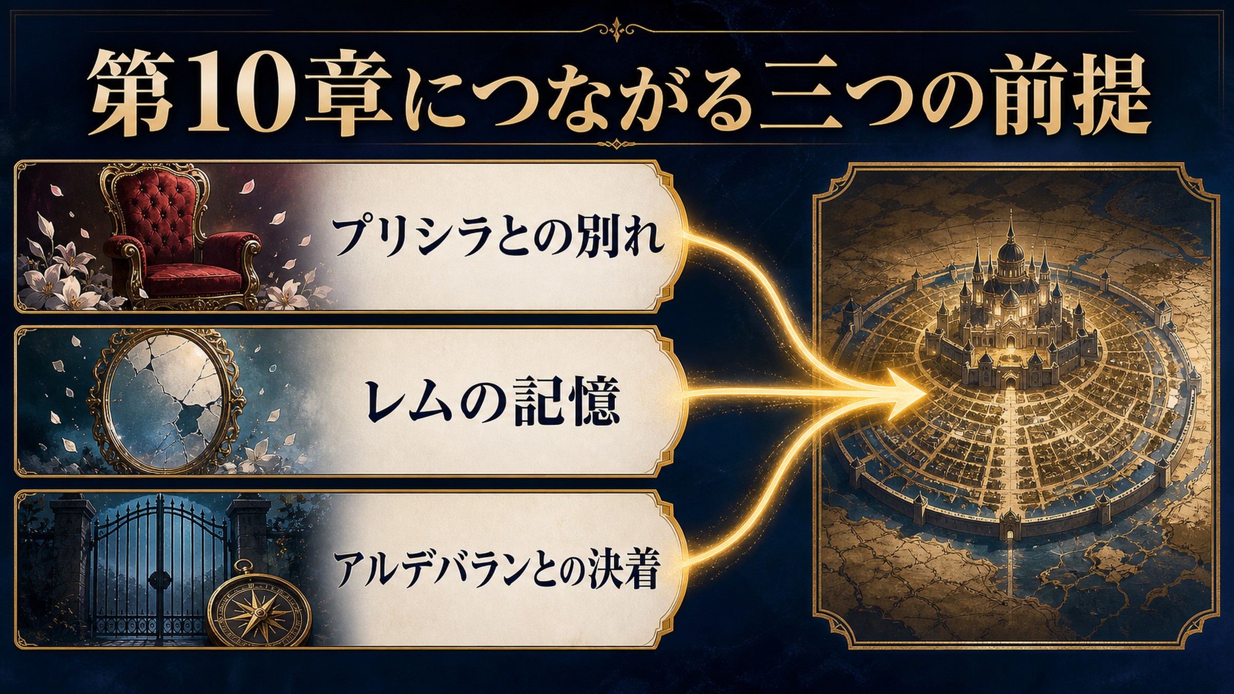 第10章につながるプリシラ、レム、アルデバランの三つの前提を示す図解