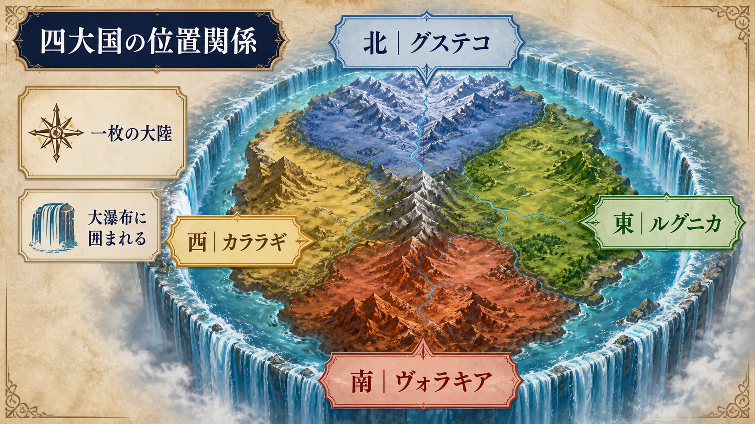 一枚の大陸にあるグステコ、ルグニカ、ヴォラキア、カララギの位置関係を示す図解