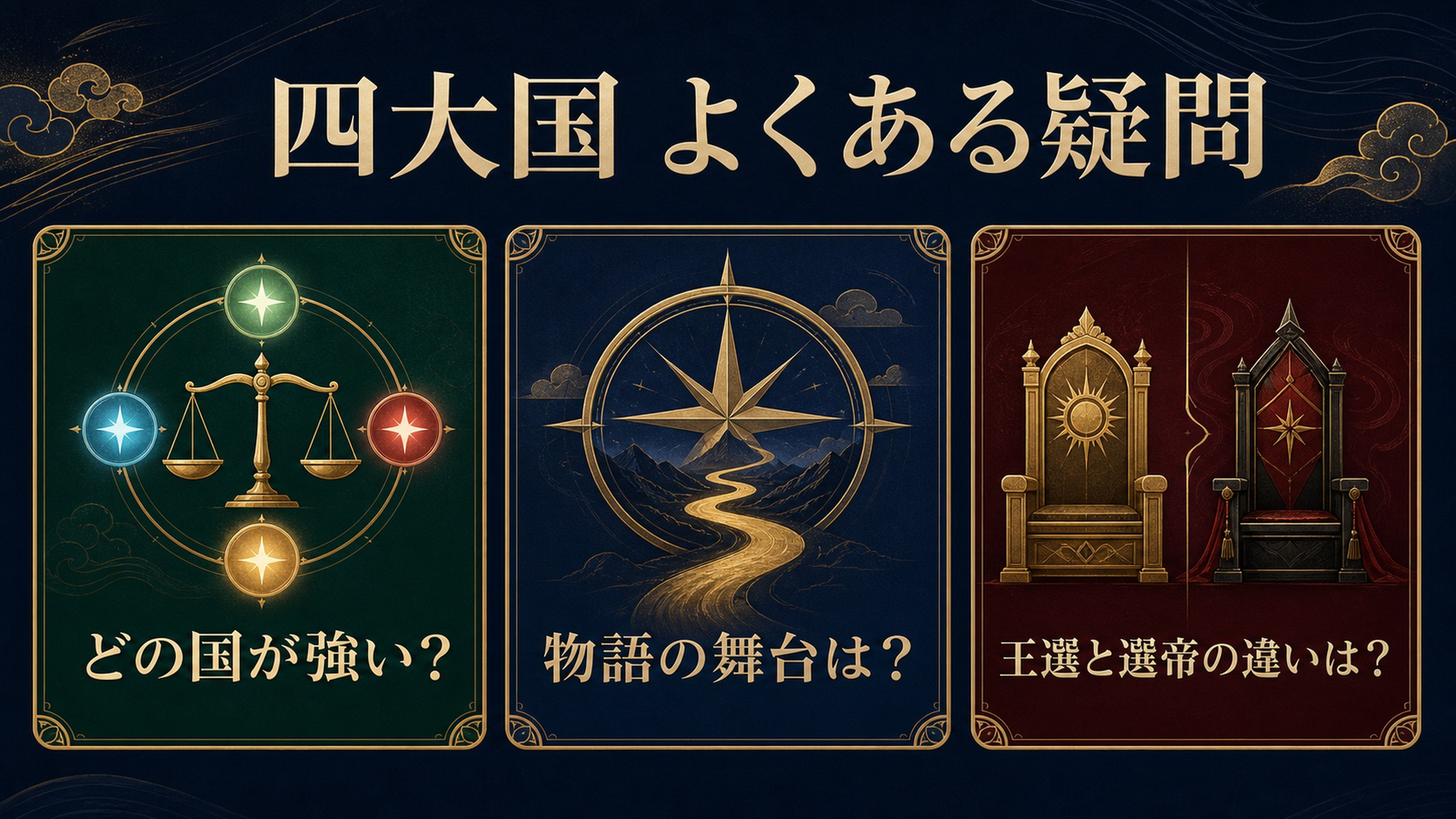 四大国の強さ、物語の舞台、王選と選帝の違いという3つの疑問を示す図解